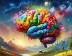 dessin d'un cerveau très coloré représentant le handicap mental, sur un joli fond montagneux,